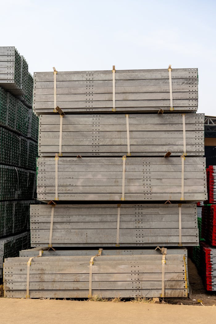 A collection of stacked concrete slabs secured with straps at an outdoor construction site.